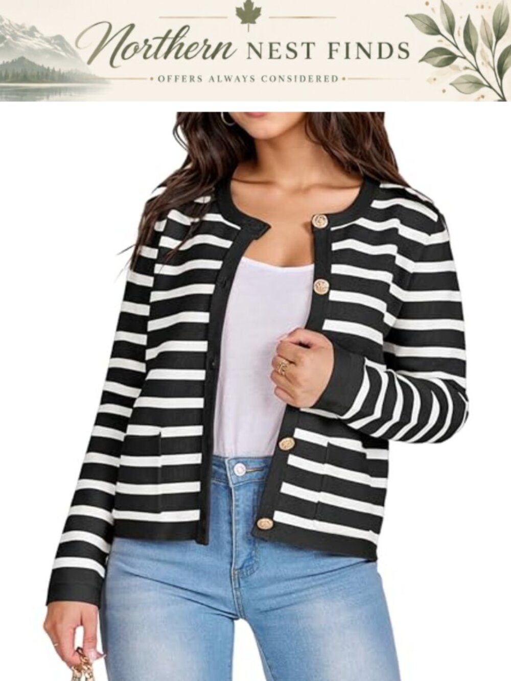 Striped Knit Cardigan Button Down Crew Neck Pockets Fall Layer